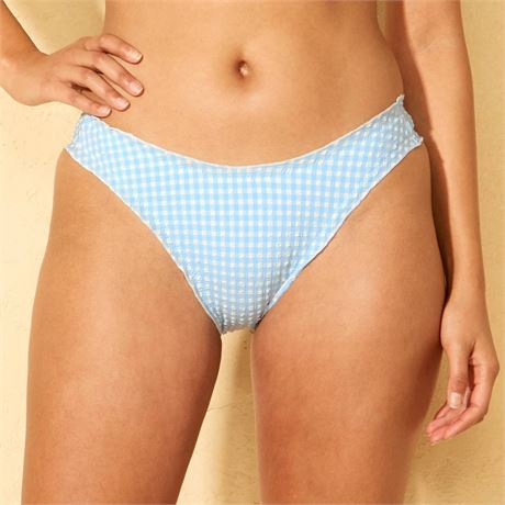 S - Bas bikini vichy seersucker à volants taille basse jambe haute couv. moy