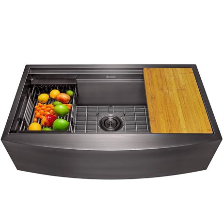 Évier de ferme inox 33 x 20 po fait main, 1 cuve, support poste travail