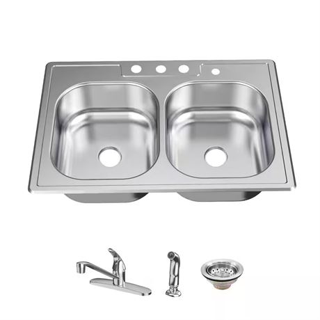 Évier Glacier Bay inox 33 po 50/50, double cuve, 20 ga