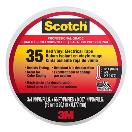 Ruban électrique vinyle rouge 3M Scotch 3/4 po x 66 pi