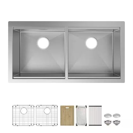 Évier double cuve 36 po sous plan zéro rayon acier inoxydable 16 ga