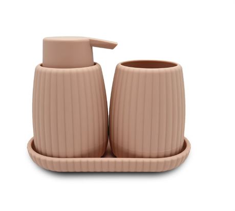 Ens. accessoires de bain : plateau, pompe à savon et gobelet