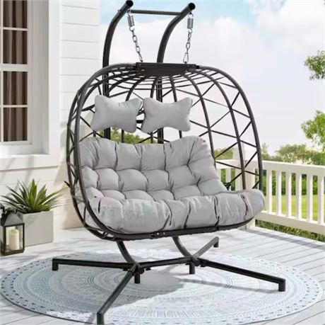 Chaise œuf suspendue 2 places patio rotin gris int/ext véranda