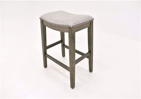 VOIR PHOTOS - Tabouret-selle 30 po tissu gris et base gris antique