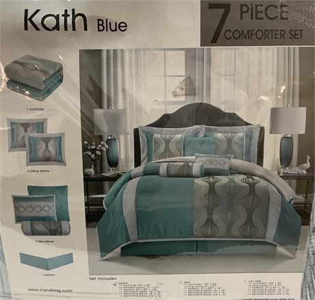 Ens. 7 pcs Queen - édredon Kath bleu