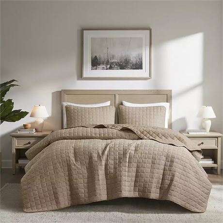 Ens. courtepointe 510 Design Solid Crinkle 4 saisons avec taies, BEIGE