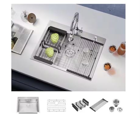 Évier Attop inox fait main 28 po, simple cuve, résistant rayures