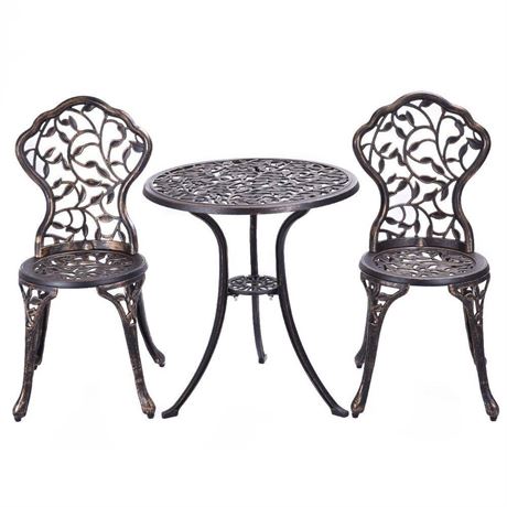 Ensemble bistro bronze feuilles 3 pièces, table et 2 chaises