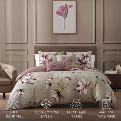 KING - Ens. 5 pcs - édredon Bebejan lys violets 100 % coton satin réversible