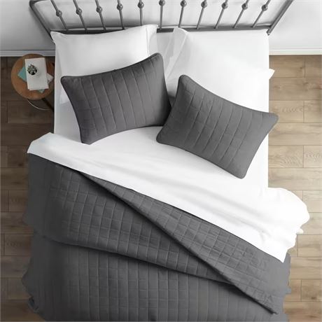 KING - Ens. couvre-lit 3 pcs matelassé carré gris Performance