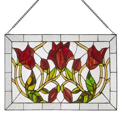 Panneau vitrail multicolore motifs floraux rouges