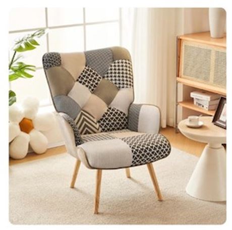 Chaise d'accent TEWLOSS patchwork grise avec pattes en bois