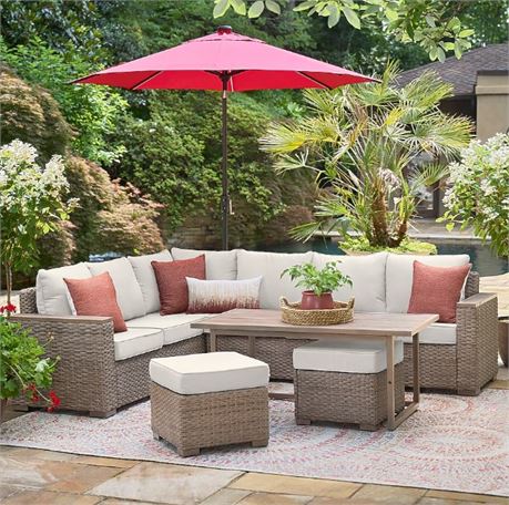 Sectionnel ext. allen + roth Rowen rotin coussins beige cadre acier