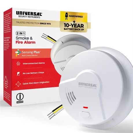 Détecteur fumée Universal Security filaire + pile secours 10 ans