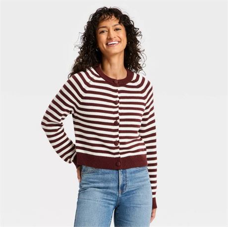 M - Cardigan coton col rond femmes Universal Thread marron rayé (MSRP : $40 CAD)