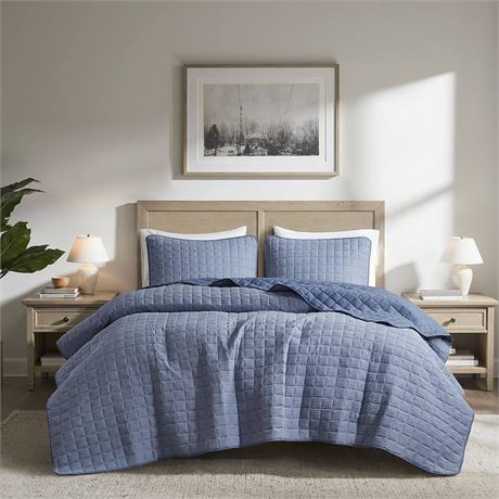 Ens. courtepointe KING  510 Design Solid Crinkle 4 saisons avec taies, bleu