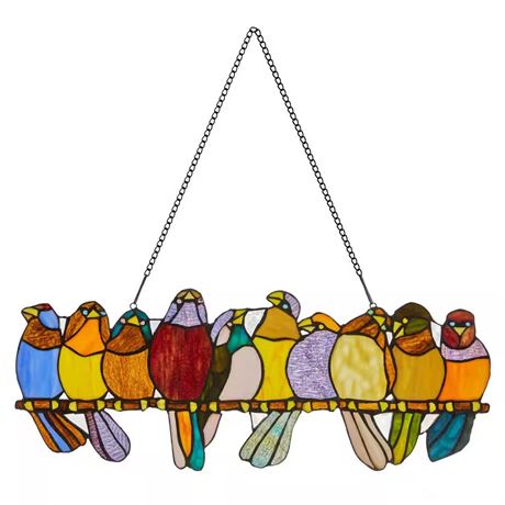 Panneau vitrail oiseaux sur fil River of Goods