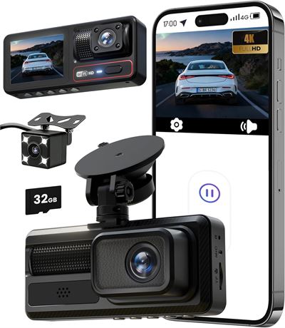 Caméra auto triple dashcam 4K + 1080p + 1080p WiFi