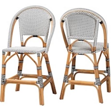 Ens. 2 - tabourets comptoir Baxton Genica rotin brun naturel + poly noir/blanc