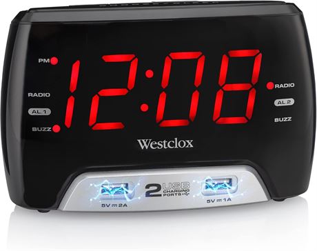 Radio-réveil FM numérique Westclox DEL rouge avec USB-A et USB-C
