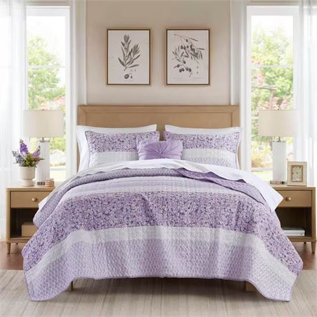 Ens. 4 pcs - courtepointe Evian TG/Cal King polyester floral violet + jetés