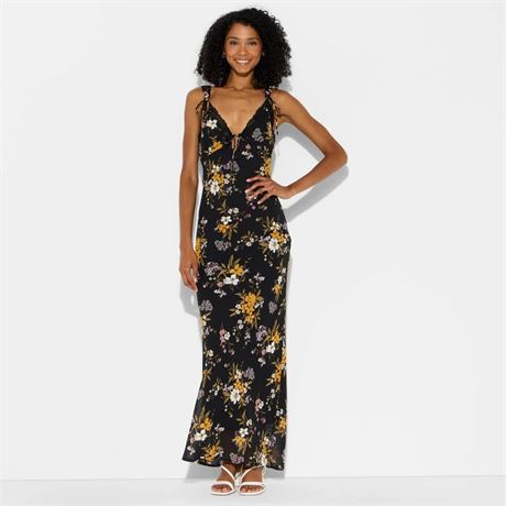 S - Robe maxi taille empire bordure dentelle Wild Fable - floral noir