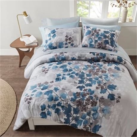Ens. édredon Madison Park King Karissa Queen + drap bleu