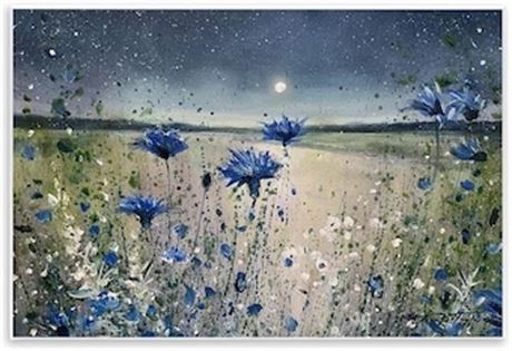 Œuvre murale bois Stupell Industries fleurs bleues lune nuit, par Jen