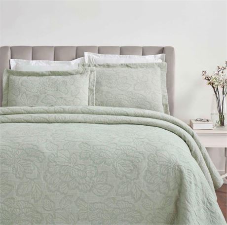 QUEEN -Ens. couvre-lit 3pcs SUPERIOR Hibiscus coton matelassé tissé