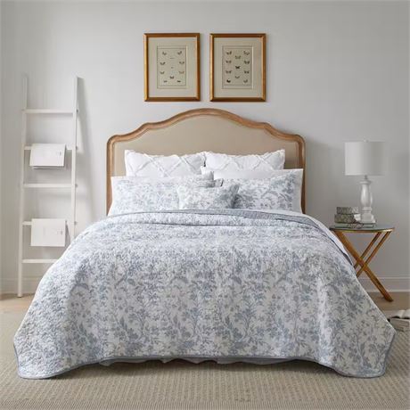 KING - Ens. 4 pcs - courtepointe Amberley réversible coton bleu/blanc floral