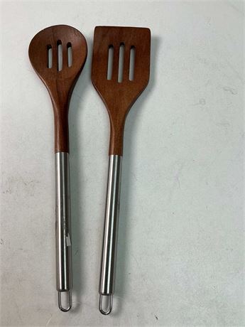 Ustensiles palette bois et acier inox lot de 2