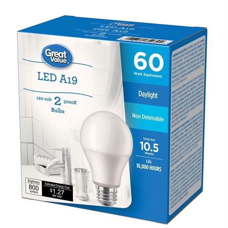 Ampoules DEL Great Value 60 W A19 lumière du jour, paquet de 2