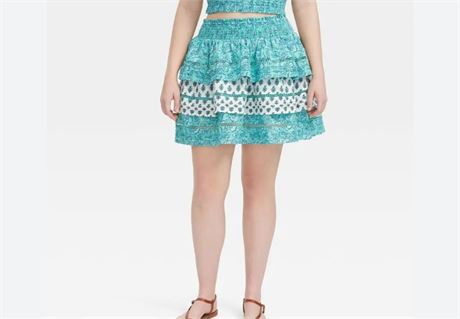 L - Mini-jupe étagée femmes floral jardin / bouquet sarcelle