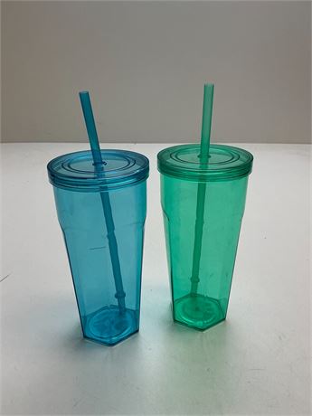 Gobelets avec pailles bleu et vert – lot de 2