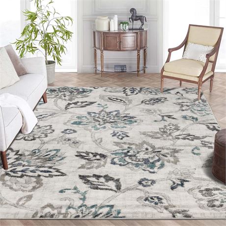 Tapis intérieur moelleux Superior floral moderne 8 x 10 pi bleu ivoire