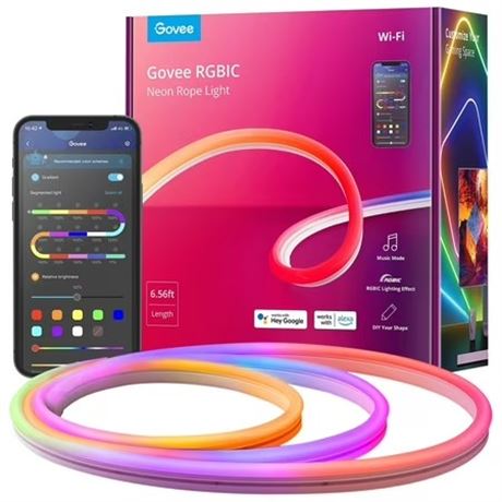 Cordon DEL néon Govee RGBIC, 6 millions de couleurs, 64 modes, 6.5pi