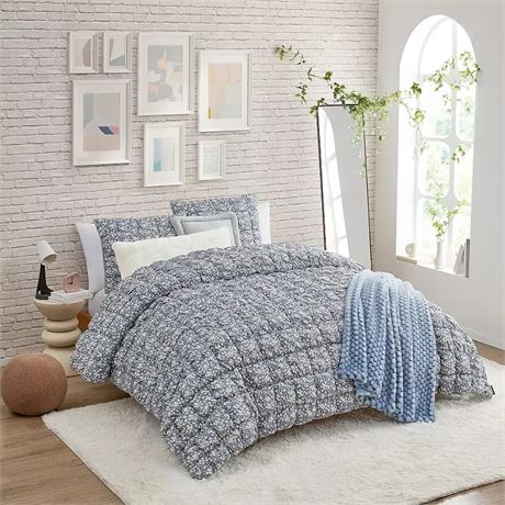 KING - Ens. édredon Bearpaw Puff floral avec taies, blanc bleu