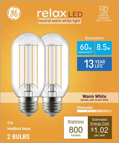 Ampoule DEL GE 60 W éq. T14 blanc chaud base moy. (E26) gradable
