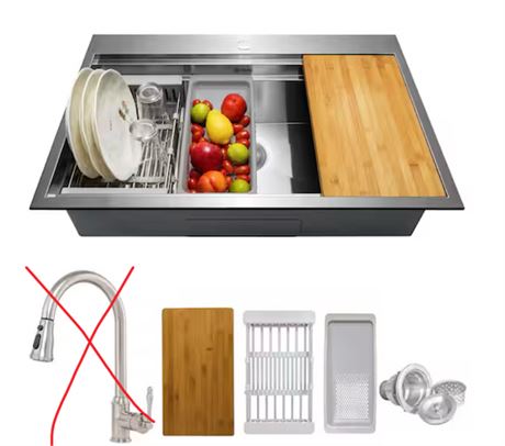 ROBINET MANQUANT - Évier de cuisine inox 33 x 22 po, simple cuve, montage dessus