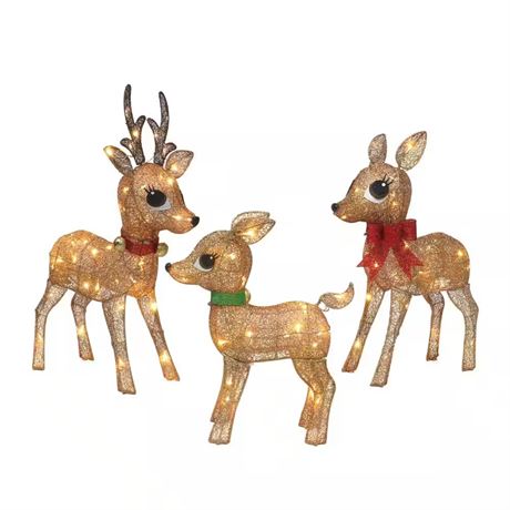 Ens. 3 pcs - famille cerfs Noël int/ext pré-éclairés brun