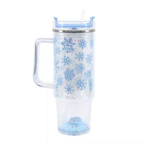 Gobelet transparent flocons confettis 30 oz paille et poignée, bleu