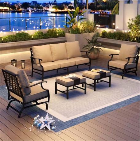 Ens. 5 pcs - 4 BOÎTES - conversation patio métal mailles 7 sièges noir