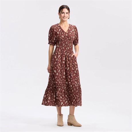M - Robe maxi A-line manches courtes bouffantes Universal Thread floral brun