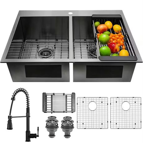 Évier tout-en-un inox fini noir mat 33 po double cuve à encastrer