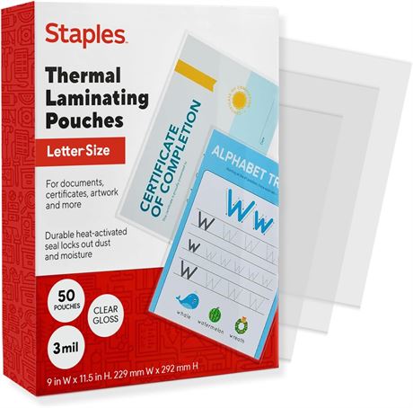 Pochettes de plastification Staples lettre 9x11,5 po 3 mil (50/pqt)