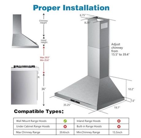 Hotte murale convertible VIKIO RHWM01-36 36 po 500 CFM inox