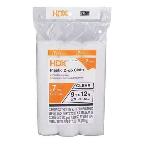 VOIR PHOTOS - 3 Toiles de protection plastique transparent HDX 9 x 12 pi