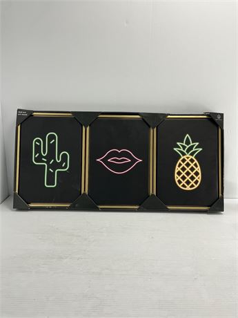 Décor mural - cadre doré motifs néon ananas, lèvres et cactus