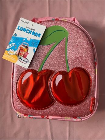 Sac à lunch Fit + Fresh - motif cerises 3D brillant fond rose pailleté