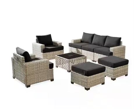 Ensemble patio Vinea en osier 8 pièces avec coussins noirs